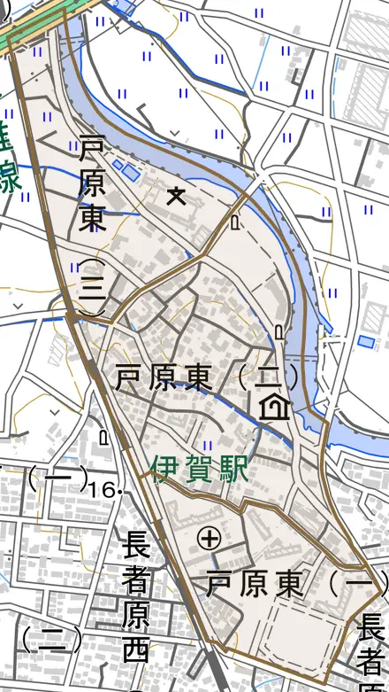 戸原東とその周辺の地図。町の範囲を重ねている