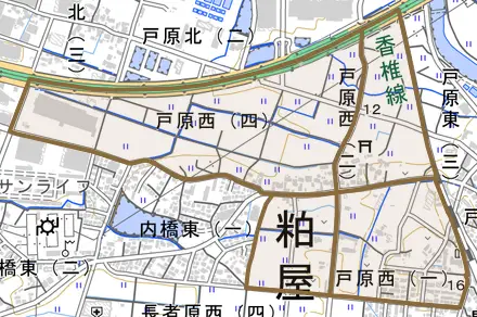 戸原西とその周辺の地図。町の範囲を重ねている