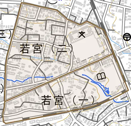 若宮とその周辺の地図。町の範囲を重ねている