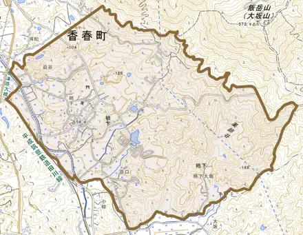 大字柿下とその周辺の地図。町の範囲を重ねている