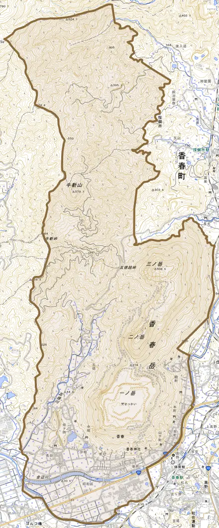 大字香春とその周辺の地図。町の範囲を重ねている
