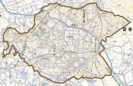 大字中津原とその周辺の地図。町の範囲を重ねている