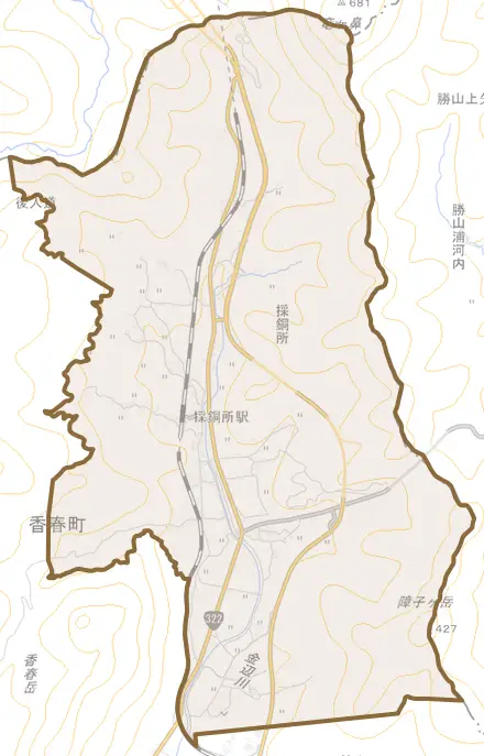 大字採銅所とその周辺の地図。町の範囲を重ねている