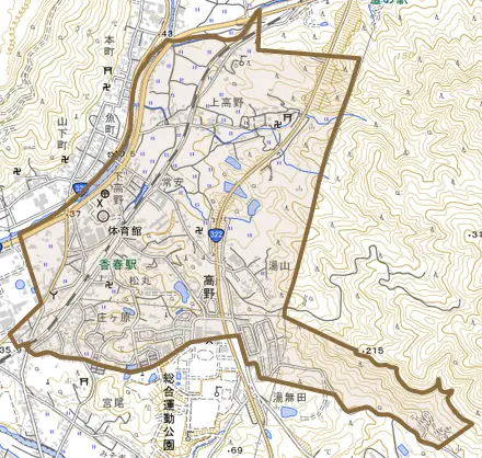 大字高野とその周辺の地図。町の範囲を重ねている