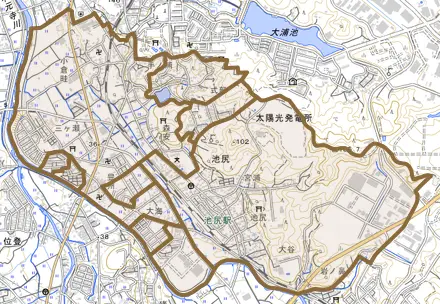 大字池尻とその周辺の地図。町の範囲を重ねている