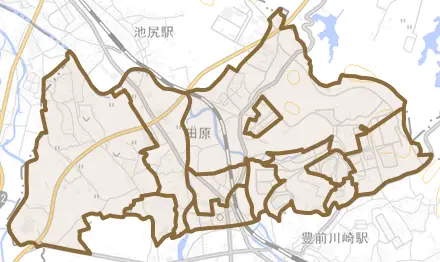 大字田原とその周辺の地図。町の範囲を重ねている