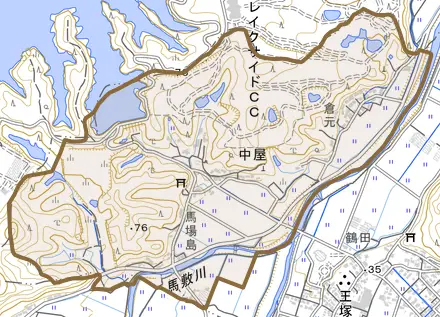 大字中屋とその周辺の地図。町の範囲を重ねている