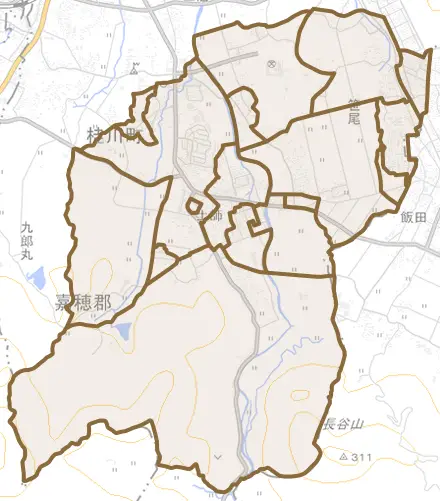 大字土師とその周辺の地図。町の範囲を重ねている