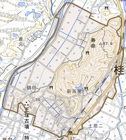 大字寿命とその周辺の地図。町の範囲を重ねている