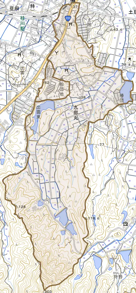 大字九郎丸とその周辺の地図。町の範囲を重ねている