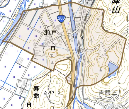 大字瀬戸とその周辺の地図。町の範囲を重ねている