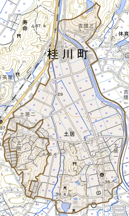 大字土居とその周辺の地図。町の範囲を重ねている