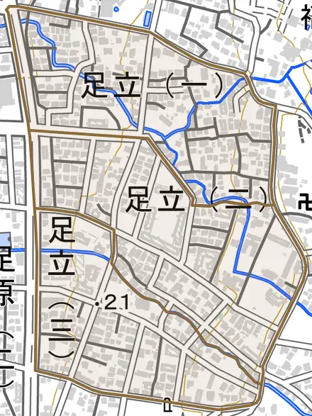 足立とその周辺の地図。町の範囲を重ねている