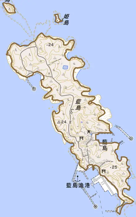 大字藍島とその周辺の地図。町の範囲を重ねている