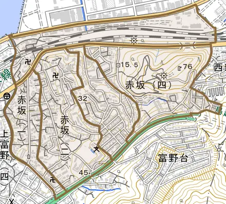 赤坂とその周辺の地図。町の範囲を重ねている