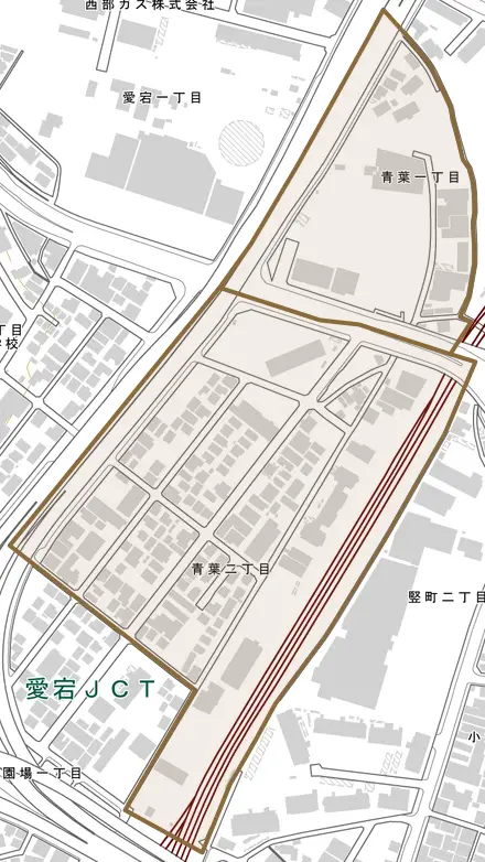 青葉とその周辺の地図。町の範囲を重ねている