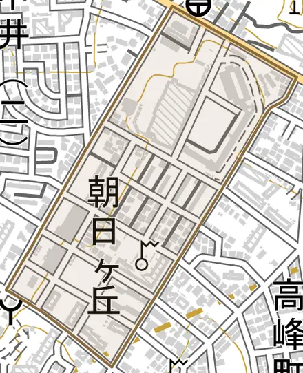朝日ケ丘とその周辺の地図。町の範囲を重ねている