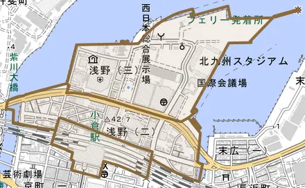 浅野とその周辺の地図。町の範囲を重ねている