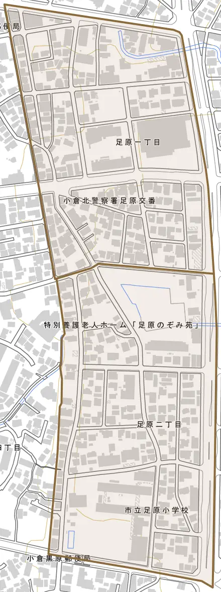 足原とその周辺の地図。町の範囲を重ねている