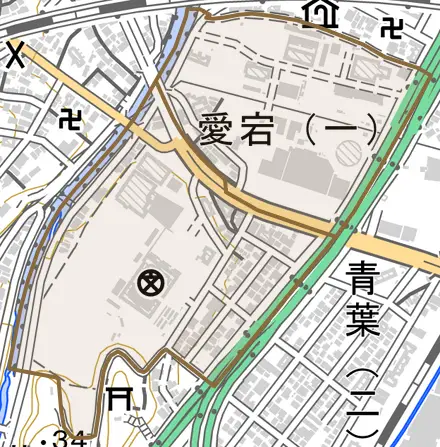 愛宕とその周辺の地図。町の範囲を重ねている