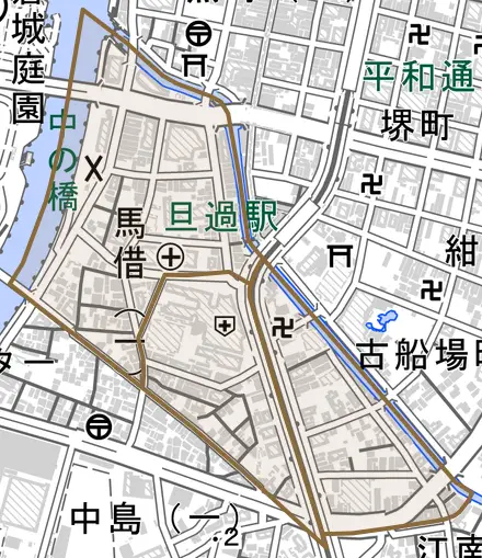 馬借とその周辺の地図。町の範囲を重ねている