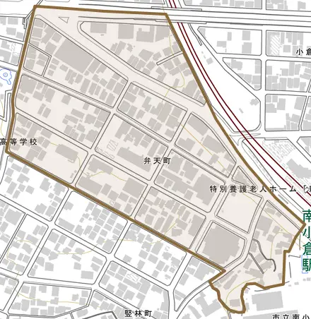 弁天町とその周辺の地図。町の範囲を重ねている