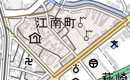 江南町とその周辺の地図。町の範囲を重ねている