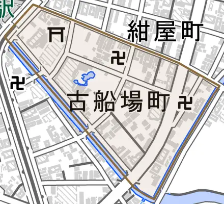 古船場町とその周辺の地図。町の範囲を重ねている