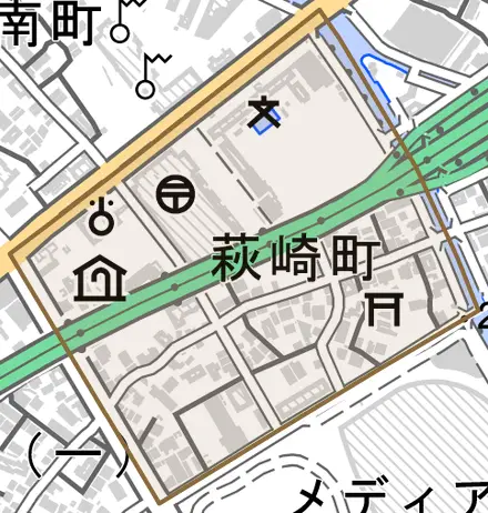 萩崎町とその周辺の地図。町の範囲を重ねている
