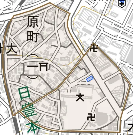 原町とその周辺の地図。町の範囲を重ねている