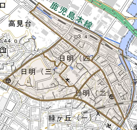 日明とその周辺の地図。町の範囲を重ねている