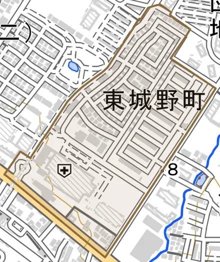 東城野町とその周辺の地図。町の範囲を重ねている