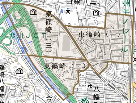 東篠崎とその周辺の地図。町の範囲を重ねている