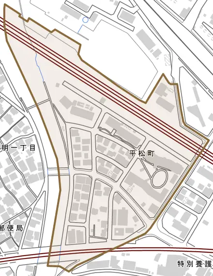 平松町とその周辺の地図。町の範囲を重ねている