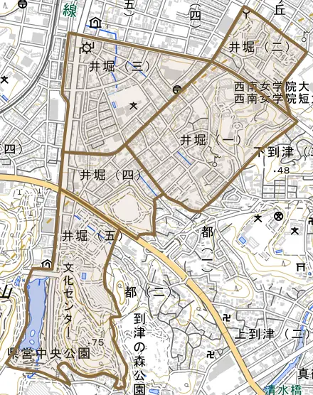 井堀とその周辺の地図。町の範囲を重ねている