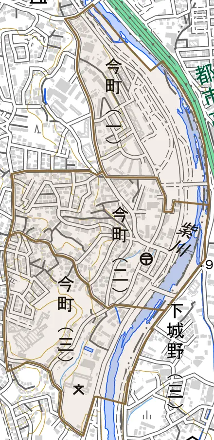 今町とその周辺の地図。町の範囲を重ねている