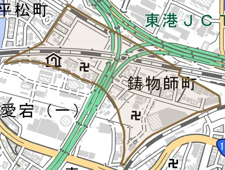 鋳物師町とその周辺の地図。町の範囲を重ねている