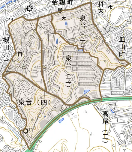 泉台とその周辺の地図。町の範囲を重ねている