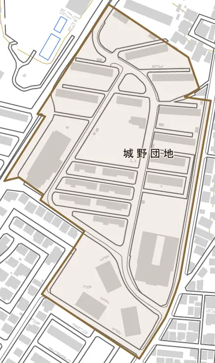 城野団地とその周辺の地図。町の範囲を重ねている