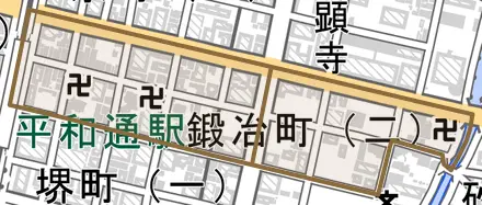 鍛冶町とその周辺の地図。町の範囲を重ねている