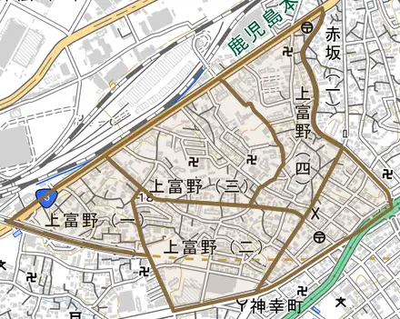 上富野とその周辺の地図。町の範囲を重ねている