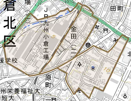 金田とその周辺の地図。町の範囲を重ねている
