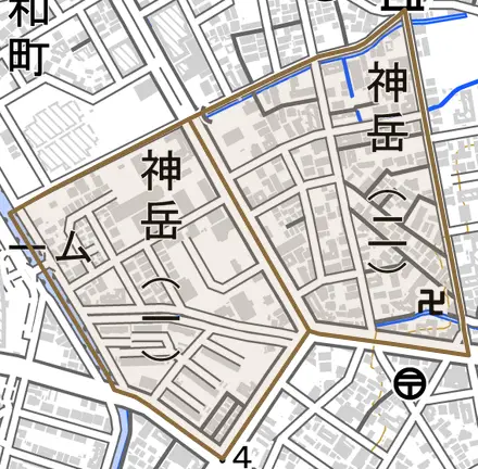 神岳とその周辺の地図。町の範囲を重ねている