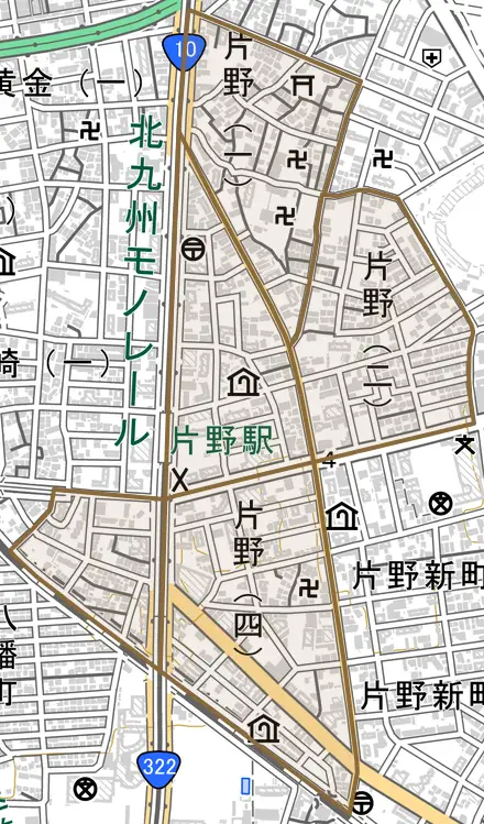 片野とその周辺の地図。町の範囲を重ねている