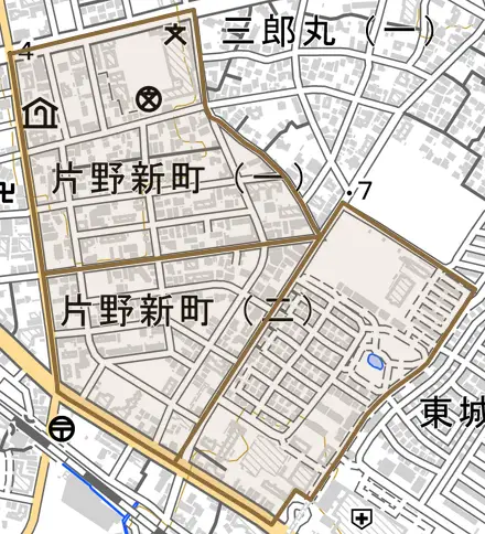 片野新町とその周辺の地図。町の範囲を重ねている