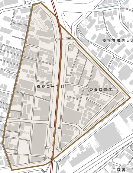 香春口とその周辺の地図。町の範囲を重ねている