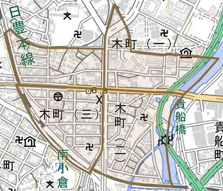 木町とその周辺の地図。町の範囲を重ねている