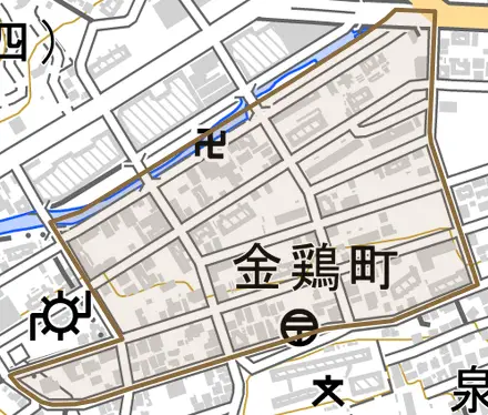 金鶏町とその周辺の地図。町の範囲を重ねている