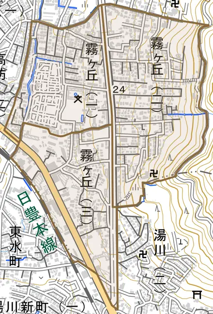霧ケ丘とその周辺の地図。町の範囲を重ねている