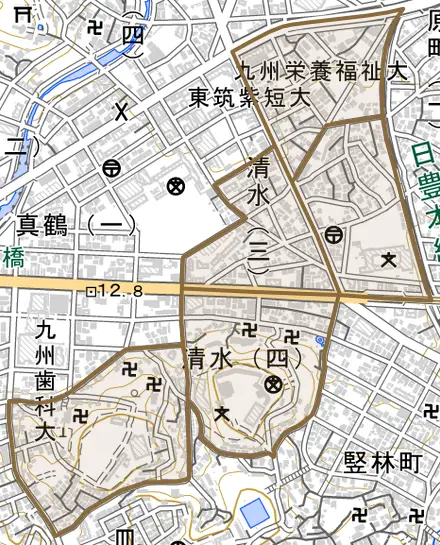 清水とその周辺の地図。町の範囲を重ねている